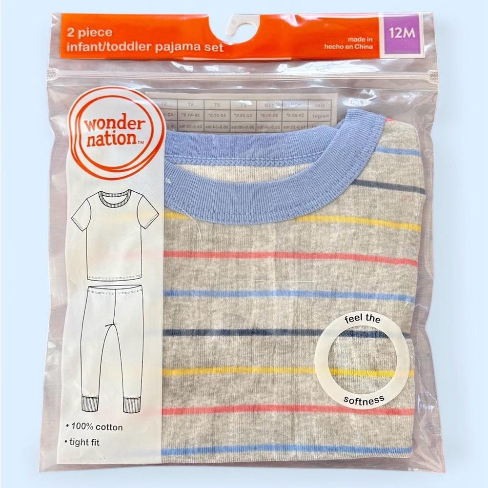 Wonder Nation 2pc Pajama Set 12M NWT Infant Toddler Cotton Striped Sleepwear